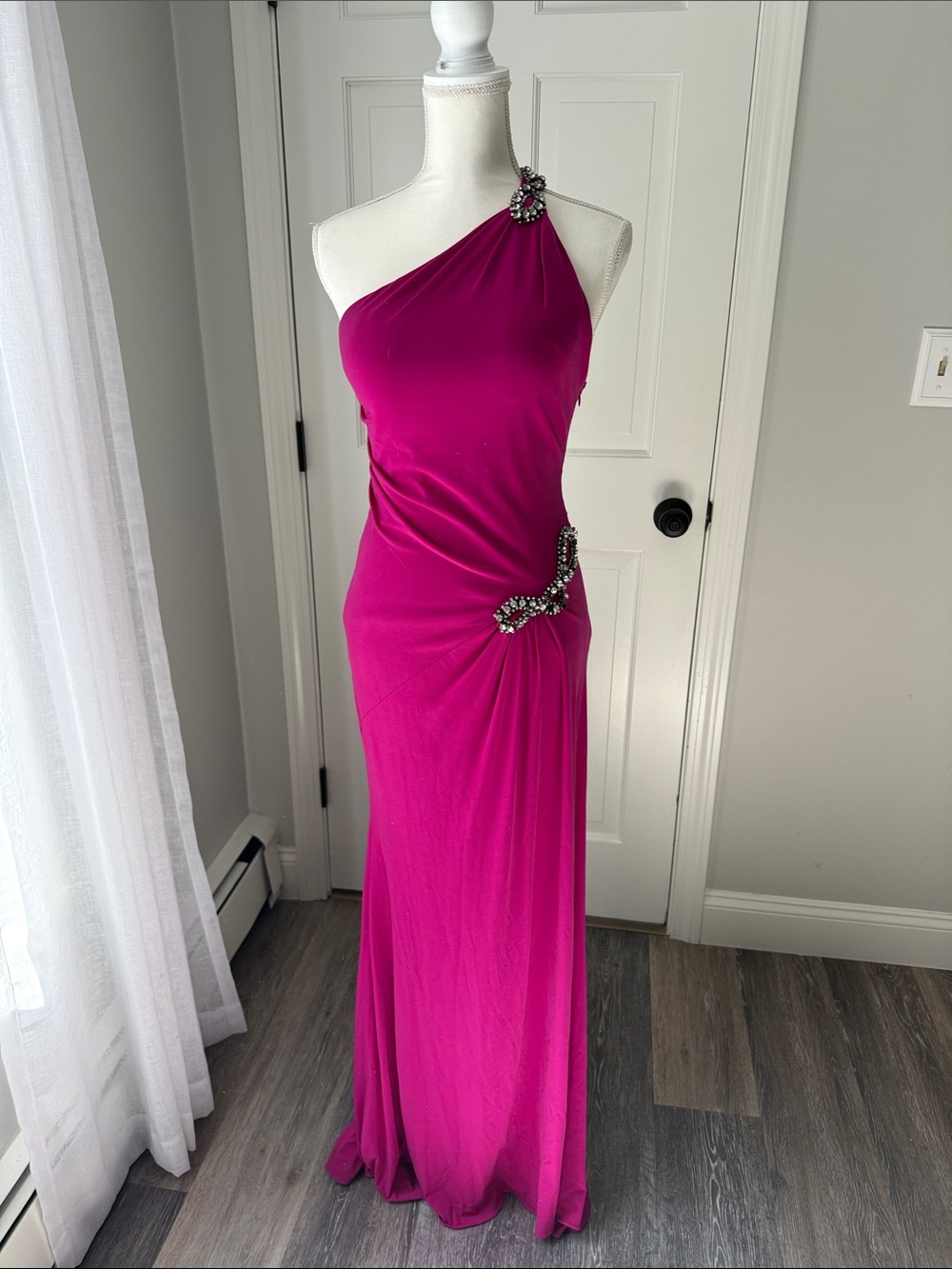 Sherri Hill Fuchsia One-Shoulder Maxi Gown with Crystal Embellishments